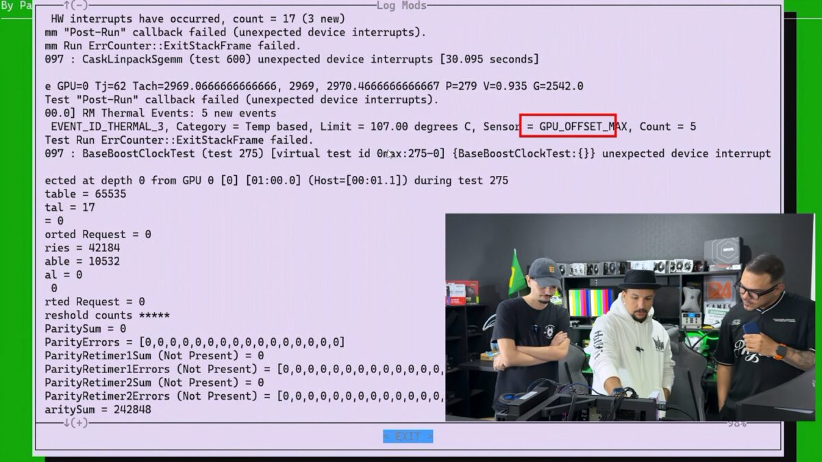 گزارش لاگهای سیستمی تست گرافیک انویدیا با نمایش خطای حرارتی GPU_OFFSET_MAX در دمای ۱۰۷ درجه سانتیگراد