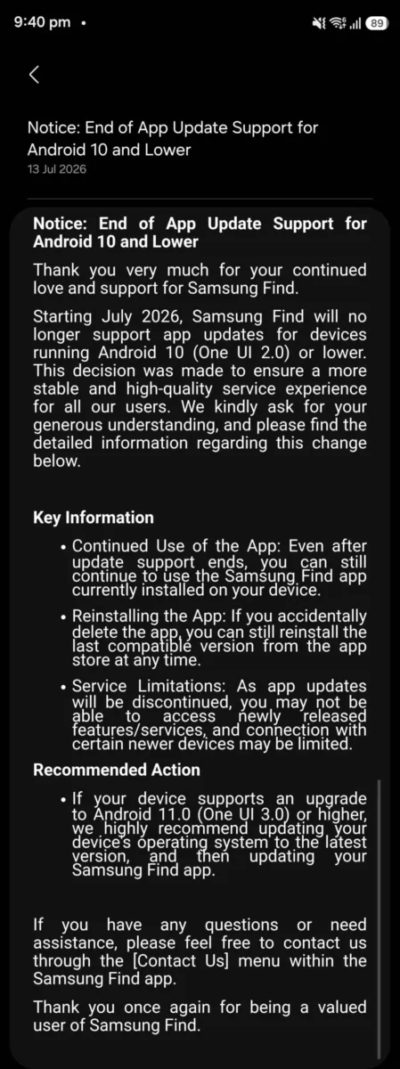 سامسونگ پشتیبانی از Samsung Find را برای گوشی‌های مجهز به اندروید ۱۰ و قدیمی‌تر پایان می‌دهد