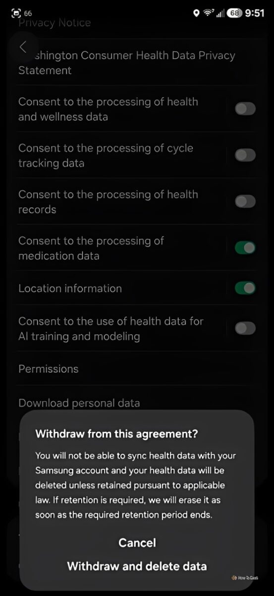 هشدار Samsung Health درباره حذف اطلاعات سلامت پس از لغو رضایت استفاده از دادهها