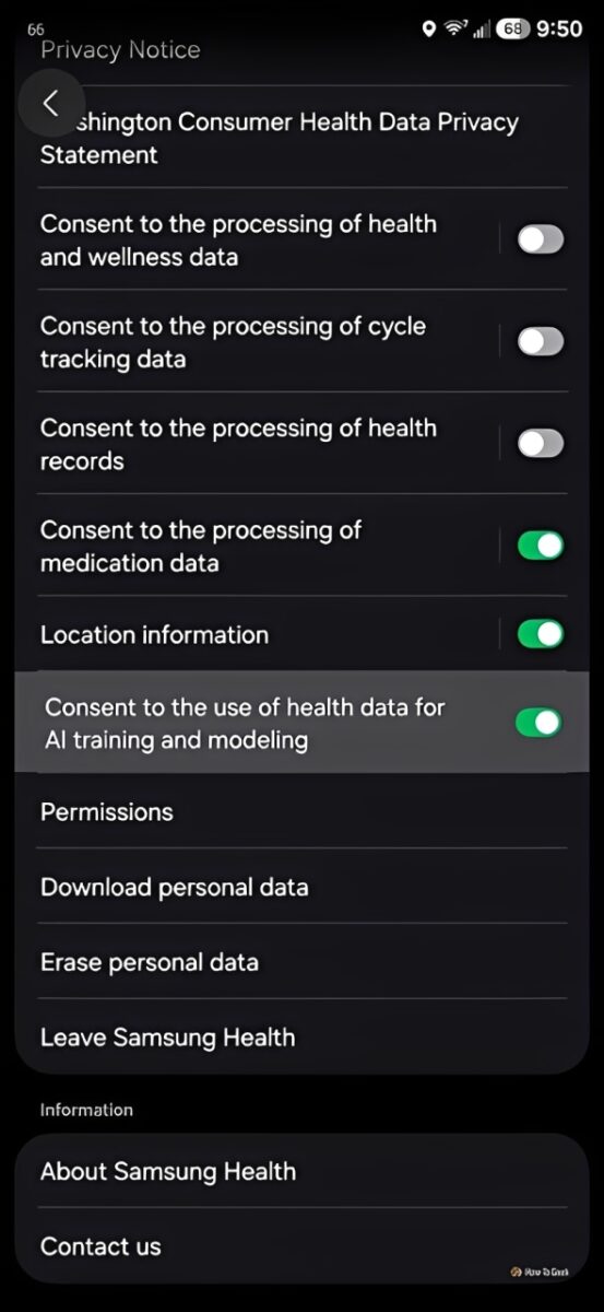 صفحه تنظیمات Samsung Health برای فعال یا غیرفعال کردن رضایت استفاده از اطلاعات سلامت در آموزش هوش مصنوعی