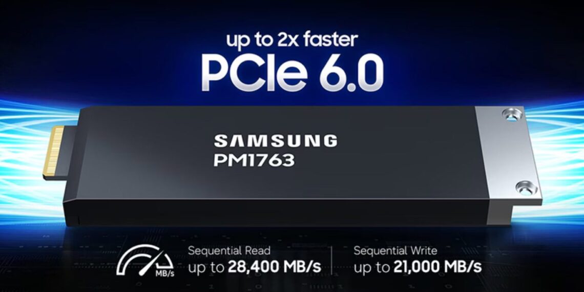 بنر معرفی اساسدی سامسونگ PM1763 با رابط PCIe 6.0 که ادعا میکند تا ۲ برابر سریعتر است و سرعت خواندن ترتیبی تا ۲۸,۴۰۰ مگابایت بر ثانیه و سرعت نوشتن ترتیبی تا ۲۱,۰۰۰ مگابایت بر ثانیه را ارائه میدهد