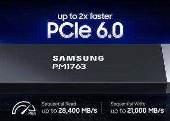 بنر معرفی اس‌اس‌دی سامسونگ PM1763 با رابط PCIe 6.0 که ادعا می‌کند تا ۲ برابر سریع‌تر است و سرعت خواندن ترتیبی تا ۲۸,۴۰۰ مگابایت بر ثانیه و سرعت نوشتن ترتیبی تا ۲۱,۰۰۰ مگابایت بر ثانیه را ارائه می‌دهد