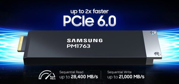 بنر معرفی اساسدی سامسونگ PM1763 با رابط PCIe 6.0 که ادعا میکند تا ۲ برابر سریعتر است و سرعت خواندن ترتیبی تا ۲۸,۴۰۰ مگابایت بر ثانیه و سرعت نوشتن ترتیبی تا ۲۱,۰۰۰ مگابایت بر ثانیه را ارائه میدهد