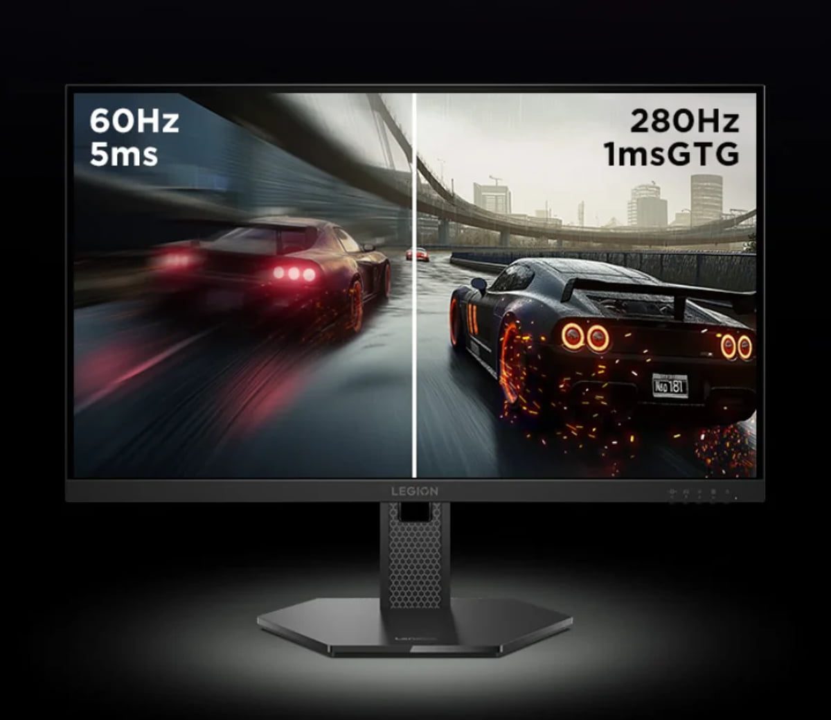 مانیتور گیمینگ Lenovo Legion با نمایش مقایسه تصویری بین 60Hz با زمان پاسخ‌گویی 5 میلی‌ثانیه و 280Hz با زمان پاسخ‌گویی 1ms GTG؛ سمت چپ تصویر تارتر و سمت راست واضح‌تر و روان‌تر نمایش داده شده است