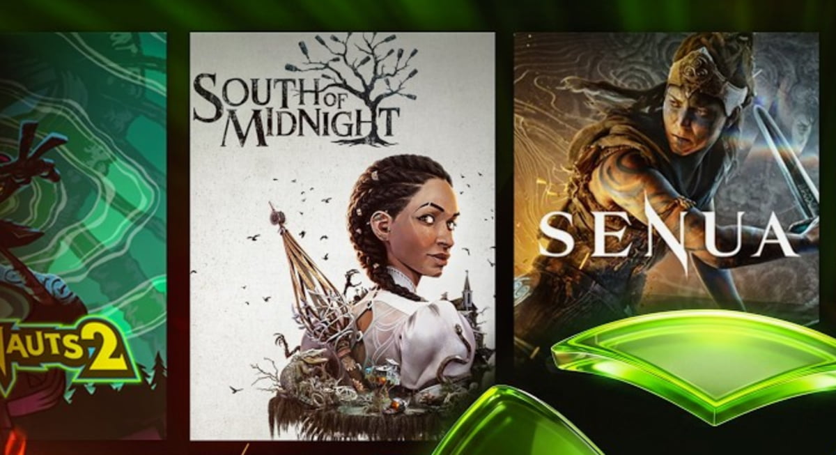 پوستر تبلیغاتی سه بازی ویدیویی در سرویس ایکس‌باکس شامل تصاویر کاور بازی Psychonauts 2 در سمت چپ، بازی South of Midnight با تصویر کاراکتر زن با موهای بافته شده در وسط، و بازی Senua’s Saga: Hellblade II با تصویر سنوا در حال شمشیرزنی در سمت راست