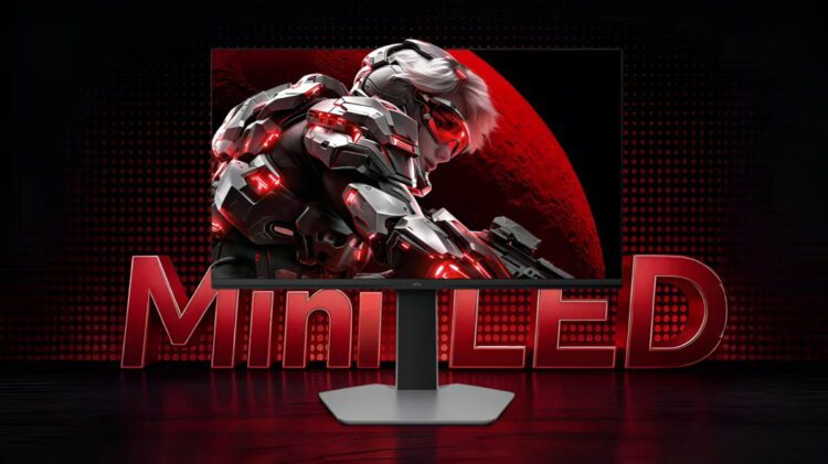 نمای استودیویی از یک مانیتور گیمینگ با پنل Mini LED که تصویری از یک کاراکتر آینده‌نگرانه با زره و چشمان قرمز را در مقابل پس‌زمینه‌ای از یک سیاره سرخ نمایش می‌دهد؛ عبارت برجسته و سه‌بعدی Mini LED به رنگ قرمز در جلوی پایه مانیتور قرار گرفته تا بر تکنولوژی پیشرفته نور پس‌زمینه و کنتراست تصویر تأکید کند.