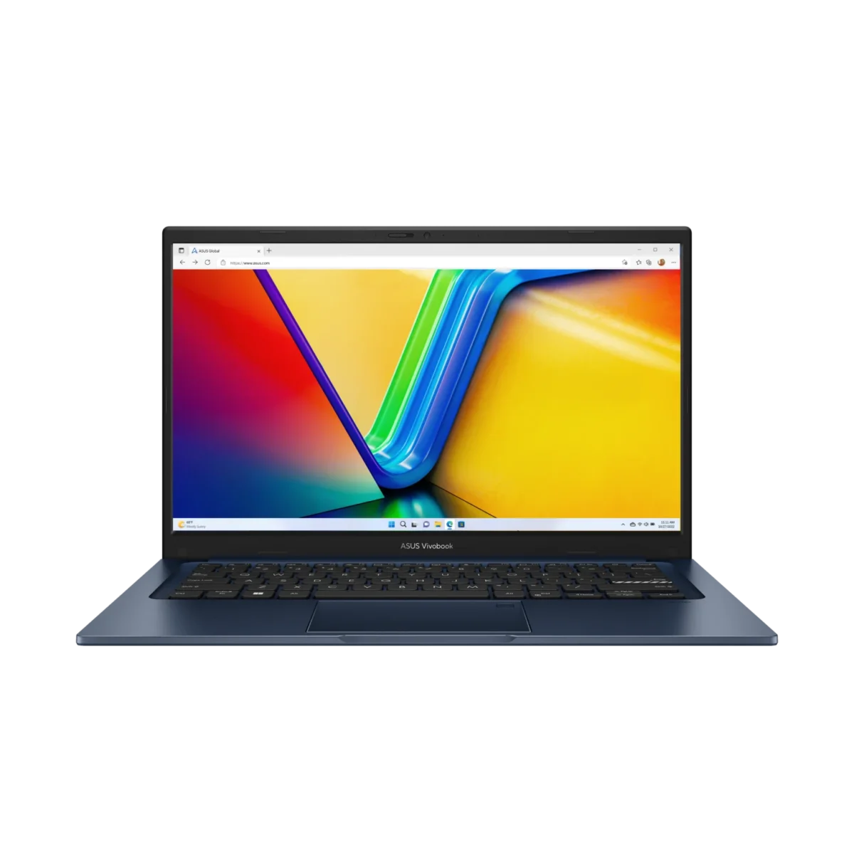 نمای روبروی لپ‌تاپ ASUS Vivobook با بدنه آبی تیره؛ صفحه نمایش روشن ویندوز ۱۱ با والپیپر انتزاعی رنگارنگ، کیبورد و تاچ‌پد مدرن، مناسب برای بررسی طراحی و ارگونومی سری ویوو‌بوک