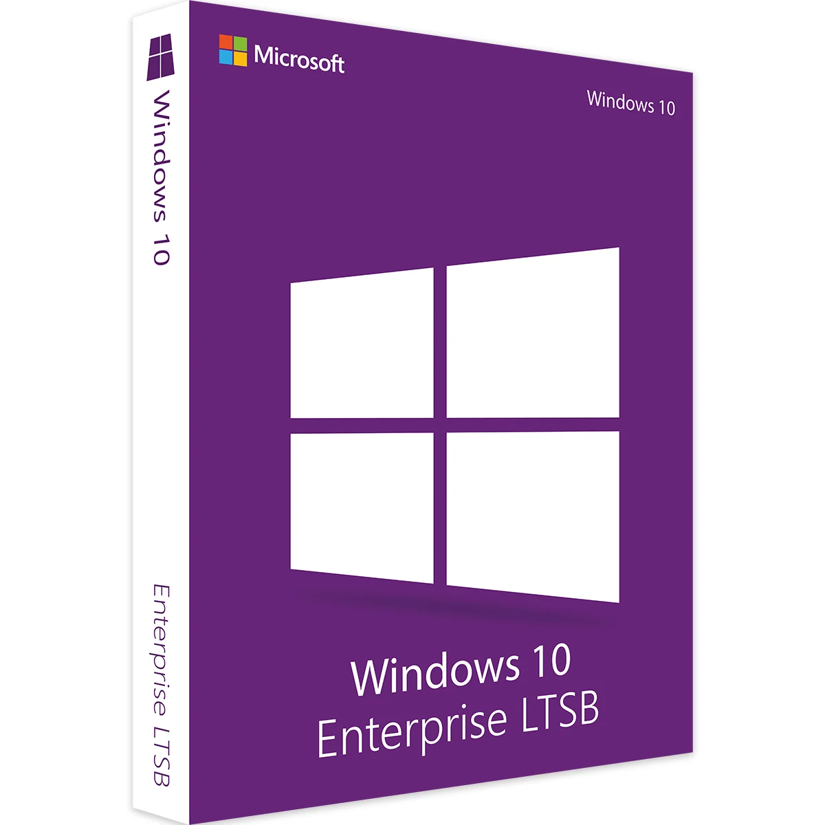 تصویر سهبعدی و تبلیغاتی از جعبهی فیزیکی و ایستادهی سیستمعامل Windows 10 Enterprise LTSB به رنگ بنفش تیره همراه با لوگوی سفید و تخت ویندوز در مرکز و لوگوی رنگی مایکروسافت در بالا.