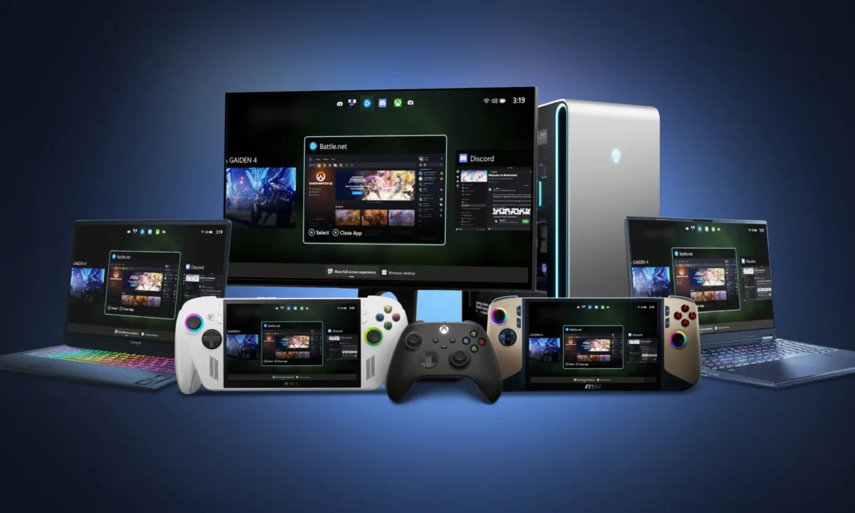 رندر تبلیغاتی از تجربه تمام‌صفحه Xbox روی چند دستگاه گیمینگ شامل مانیتور رومیزی، لپ‌تاپ، کنسول‌های دستی و کنترلر Xbox؛ روی نمایشگرها رابط کاربری یکسانی با پنجره Battle.net و Discord دیده می‌شود و یک کیس دسکتاپ Alienware در پس‌زمینه قرار دارد