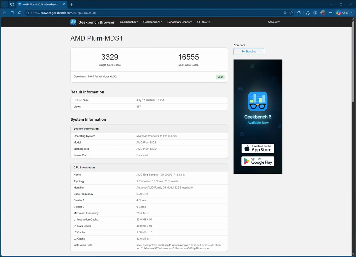 اسکرینشات Geekbench 6 در مرورگر برای پردازنده AMD Plum-MDS1 که امتیازهای تکهستهای 3329 و چندهستهای 16555 را نشان میدهد