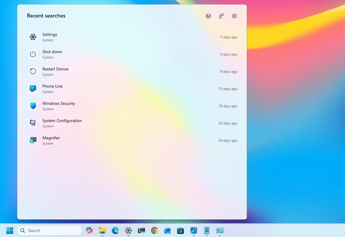 اسکرین‌شات از بخش Recent searches (جستجوهای اخیر) در ویندوز ۱۱. لیستی از ۷ جستجوی قبلی شامل Settings، Shut down، Restart Device، Phone Link، Windows Security، System Configuration و Magnifier به‌همراه تاریخ‌های مختلف (از ۵ تا ۲۴ روز پیش) نمایش داده شده‌اند