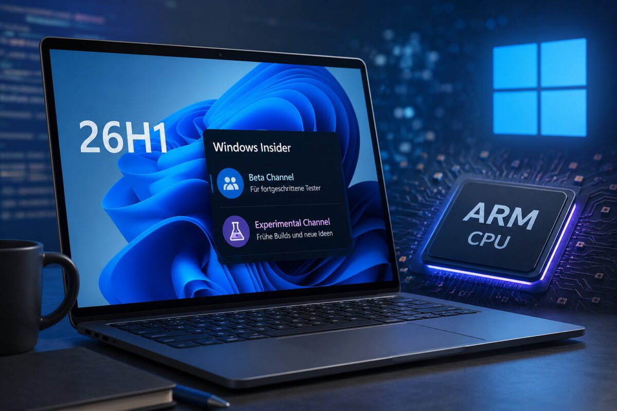 تصویر مفهومی ویندوز ۱۱ نسخه 26H1 روی لپتاپ، همراه با پنل Windows Insider و کانالهای آزمایشی، در کنار تراشه ARM و لوگوی ویندوز