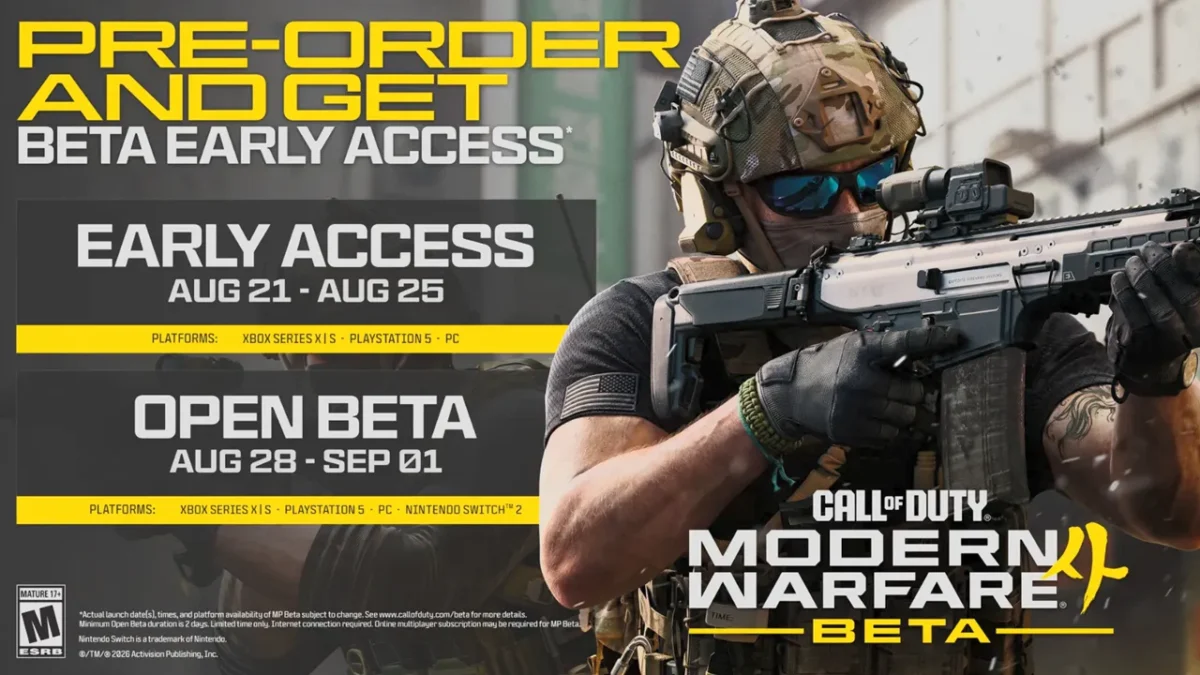 پوستر تبلیغاتی بتای Call of Duty: Modern Warfare با سرباز مسلح و اطلاعات دسترسی زودهنگام از ۲۱ تا ۲۵ اوت و بتای عمومی از ۲۸ اوت تا ۱ سپتامبر