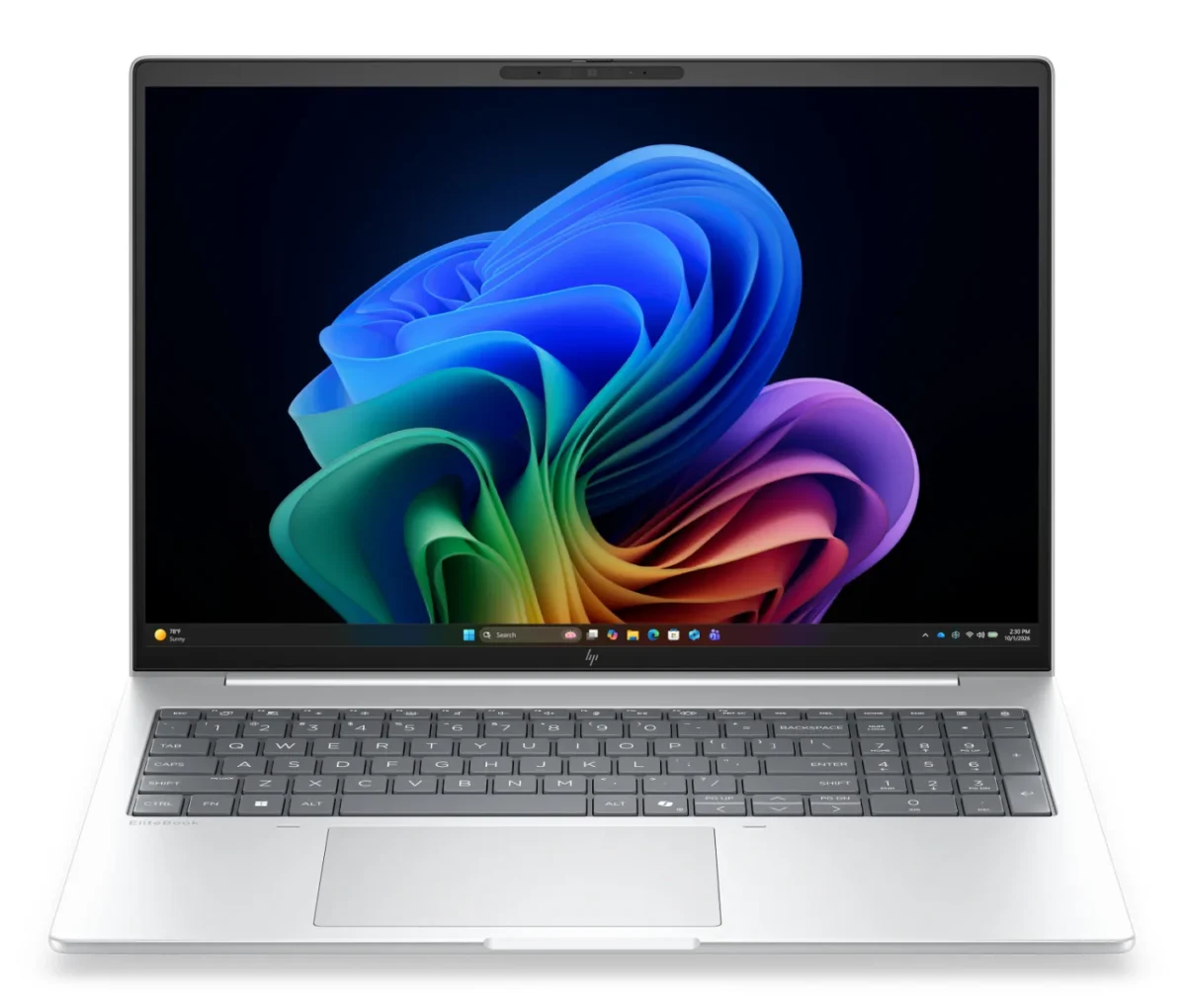لپتاپ HP EliteBook نقرهای در حالت باز که صفحه نمایش آن تصویر انتزاعی رنگارنگ ویندوز ۱۱ را با کیفیت بالا نمایش میدهد و صفحه کلید جزیرهای آن در بخش پایین دیده میشود.