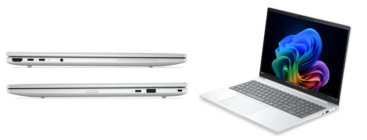 نمایش نمای کناری لپتاپ HP EliteBook در دو تصویر مجزا برای نمایش ضخامت بدنه، پورتهای USB-C، جک هدفون و سایر درگاههای ارتباطی روی لبههای باریک و نقرهای
