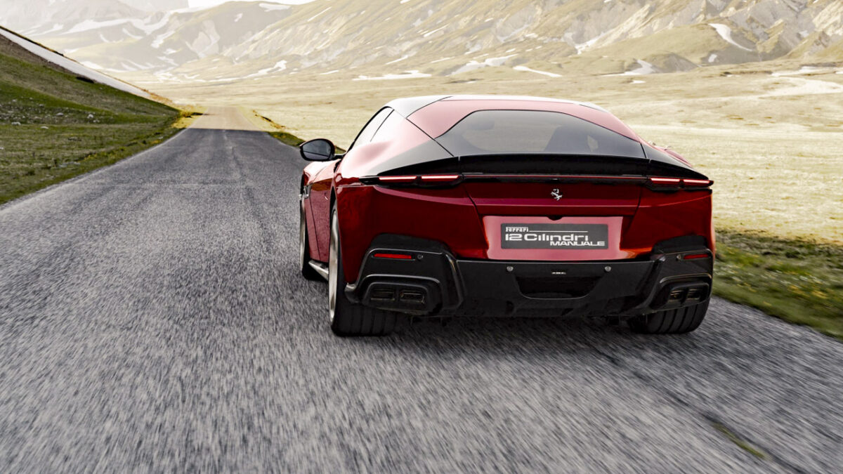 نمای عقب Ferrari 12Cilindri Manuale در حال حرکت که چراغهای باریک LED و طراحی عضلانی خودرو را نشان میدهد.