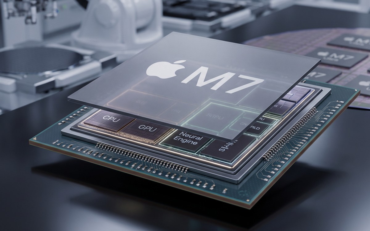 تصویر سهبعدی و لایهبندی شده از ساختار داخلی چیپست Apple M7 که لایه شفاف بالایی حاوی لوگوی اپل را به صورت جدا شده نشان میدهد. در لایههای زیرین، بخشهای مختلف سختافزاری شامل CPU، GPU و Neural Engine با بلوکهای مشخص و نورانی نمایش داده شدهاند که جزئیات مهندسی و پیچیدگیهای معماری سیلیکونی را به تصویر میکشد.