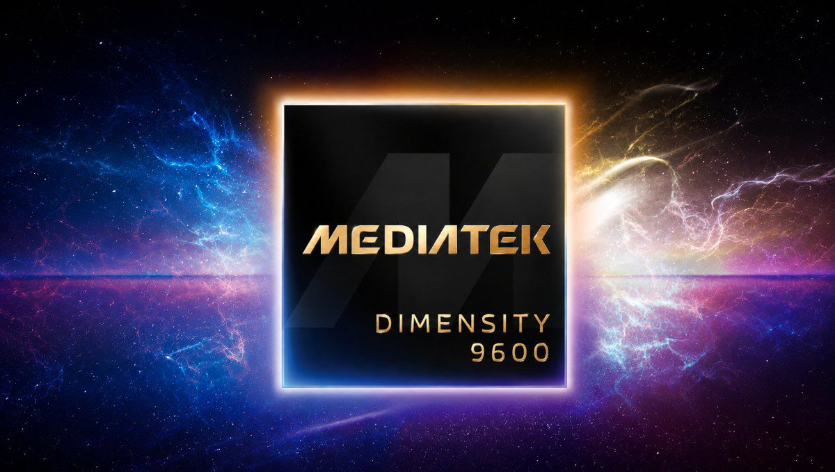 لوگوی طلایی رنگ مدیاتک دایمنسیتی ۹۶۰۰ (MediaTek Dimensity 9600) که در مرکز یک باکس تیره قرار گرفته و با جلوه‌های نوری کهکشانی و درخشان در پس‌زمینه احاطه شده است