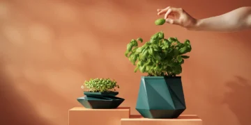 نمایی از مجموعه محصولات گلدان هوشمند Helix شامل گلدان اصلی، صفحه جوانه‌زنی، صفحه تکثیر قلمه و پایه نگهدارنده گیاه با طراحی اوریگامی و قابلیت آبیاری خودکار.