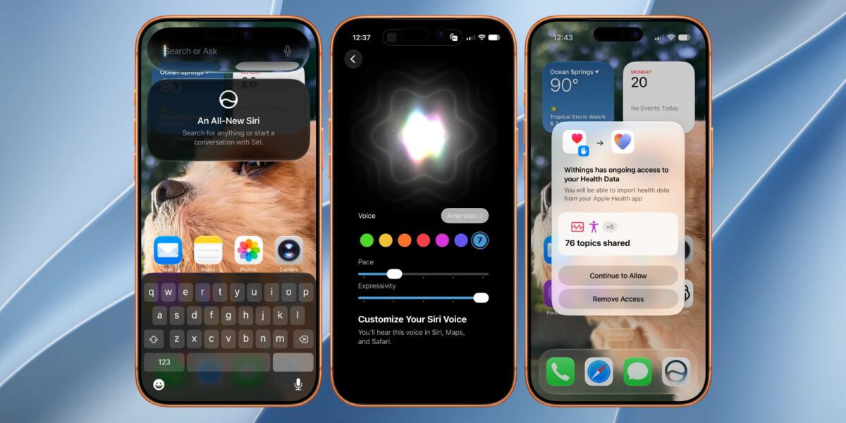 سه آیفون با قاب نارنجی در کنار یکدیگر که قابلیتهای iOS 27 را نمایش میدهند؛ رابط جدید سیری و کادر Search or Ask، صفحه شخصیسازی صدا و پنجره مدیریت دسترسی Withings به دادههای Apple Health روی نمایشگرها دیده میشود