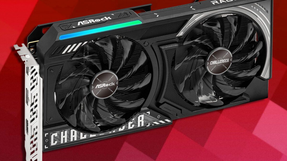 کارت گرافیک ASRock Radeon از سری Challenger با طراحی دو فن (Dual-Fan)، در حالتی کمیاب و زاویه‌دار بر روی پس‌زمینه قرمز پررنگ. هیت‌سینک بزرگ مشکی و لوگوهای ASRock و Challenger و همچنین نوار نورپردازی RGB در بالای کارت به وضوح دیده می‌شود که بر روی کارایی و طراحی گیمینگ آن تأکید دارد.