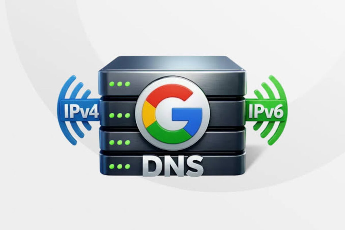 طرح گرافیکی سه بعدی از سرورهای شبکه به عنوان نمادی از Google DNS با لوگوی گوگل در مرکز، که در سمت چپ آن نماد آبی رنگ IPv4 و در سمت راست آن نماد سبز رنگ IPv6 به همراه امواج وایرلس نمایش داده شده است.