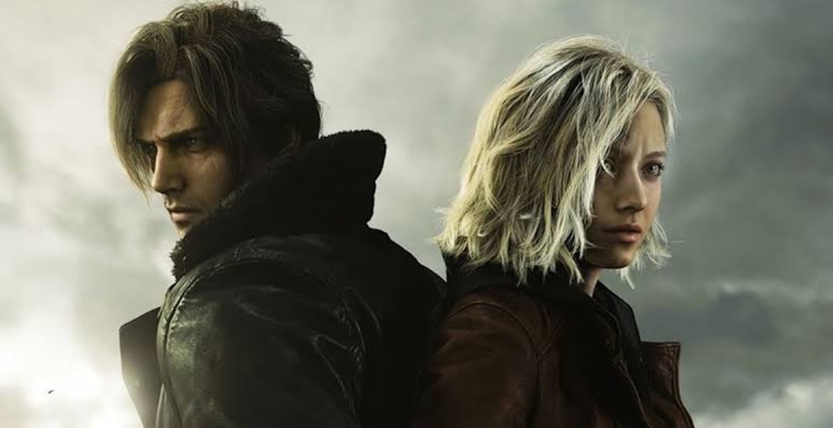 نمای نیم‌رخ و پشت‌به‌پشت لئون اس. کندی و اشلی گراهام از بازی Resident Evil 4 Remake در مقابل پس‌زمینه آسمان ابری و تیره.