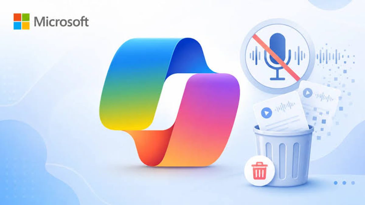 لوگوی رنگی Microsoft Copilot در کنار آیکون میکروفون خاموش و سطل زباله، با حال‌وهوای گرافیکی روشن و مینیمال