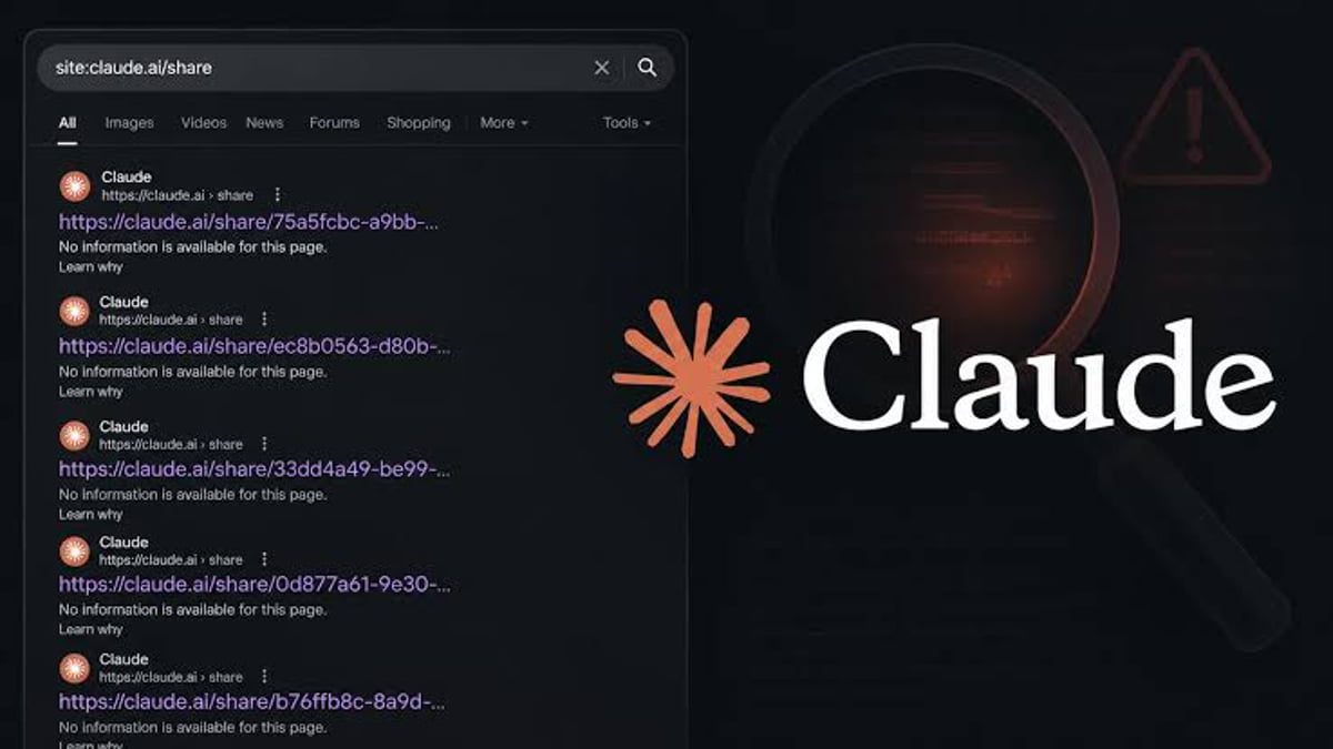 نمایی از نتایج جستوجوی گوگل با اپراتور site:claude.ai/share که نشاندهنده ایندکس شدن عمومی لینکهای اشتراکگذاریشده گفتوگوهای کلود (Claude AI) در موتور جستجو است، به همراه لوگوی کلود و آیکون هشدار امنیتی