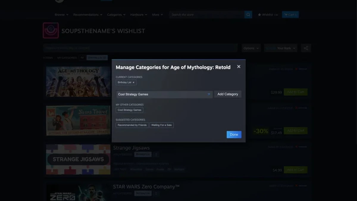 پنجره مدیریت دسته بندی بازی Age of Mythology Retold در فهرست آرزوهای استیم روی رابط کاربری تاریک