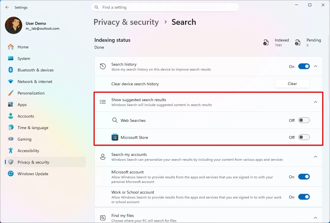 اسکرین‌شات از بخش تنظیمات (Settings) ویندوز ۱۱ در مسیر Privacy & security > Search. تنظیمات Show suggested search results با دو گزینه خاموش‌شده Web Searches و Microsoft Store توسط یک کادر قرمز مستطیلی برجسته شده‌اند تا عدم نمایش نتایج جستجوی وب و فروشگاه مایکروسافت را نشان دهند.