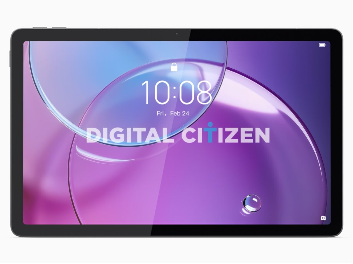 نمای جلویی تبلت Lenovo Idea Tab در حالت افقی با حاشیه مشکی، صفحه قفل بنفش-آبی، ساعت 10:08، تاریخ Fri, Feb 24 و واترمارک DIGITAL CITIZEN روی نمایشگر