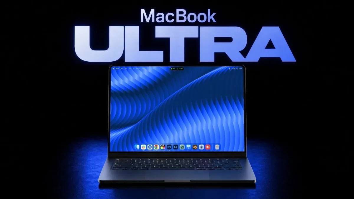 رندر تبلیغاتی لپتاپ MacBook Ultra اپل در یک محیط تاریک؛ لپتاپ باز است و صفحه نمایش آن، والپیپری با امواج آبی تیره و نوار داک مشکی با آیکونهای اپلیکیشنها را نشان میدهد. در بالای دستگاه، متن بزرگ “MacBook” و “ULTRA” به رنگ آبی یخی و سایهدار نمایش داده شده است