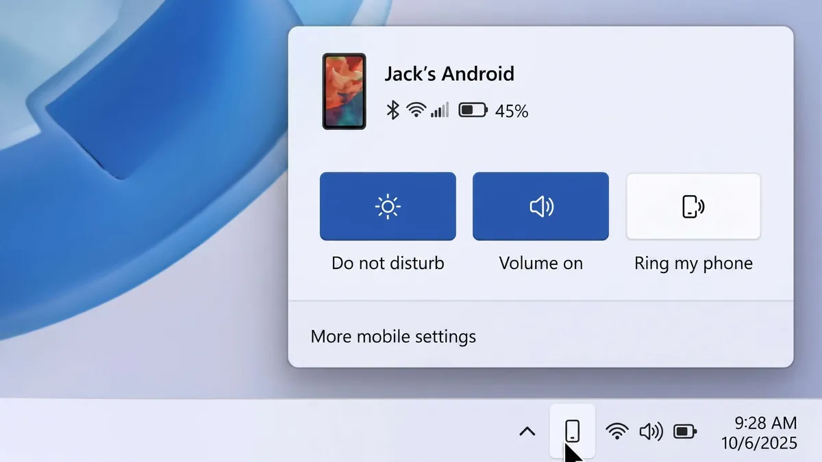پنجره پاپآپ تنظیمات سریع موبایل در تسکبار ویندوز ۱۱ با عنوان Jack’s Android. گزینههای Do not disturb، Volume on و Ring my phone به همراه وضعیت باتری ۴۵ درصد و سیگنال وایفای نمایش داده شده است.