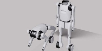 ربات تغییرشکلپذیر Qiyuan T1 شرکت PrimeBOT در دو حالت چهارپا و انساننمای چرخدار روی پسزمینه ساده نمایش داده شده است.