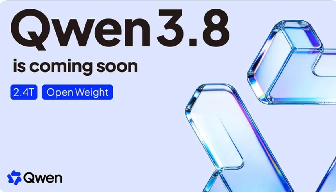 تصویر تبلیغاتی Qwen 3.8 با عبارت Coming Soon و مشخصات 2.4T Open Weight در کنار اشکال شیشهای آبی روی پسزمینه روشن