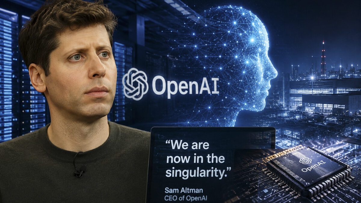 تصویر مفهومی از سم آلتمن در کنار نماد OpenAI، تراشه هوش مصنوعی، مراکز داده و چهره دیجیتالی انسان که توسعه ابرهوش و تکینگی فناوری را به تصویر میکشد.