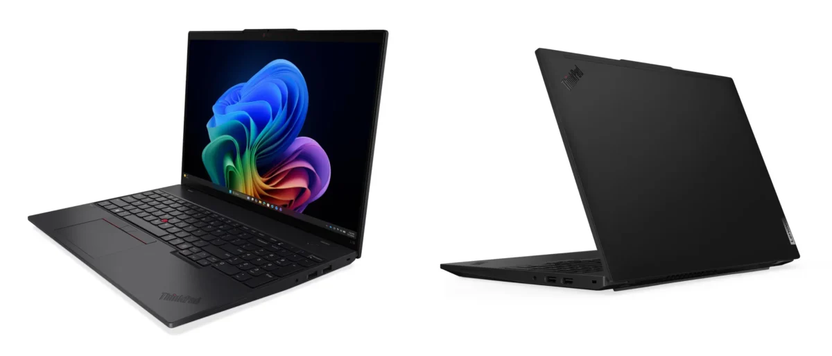 نمای دوگانه از لپ‌تاپ مشکی ThinkPad L16 Gen 3؛ در یک سمت نمای باز با نمایشگر ویندوز ۱۱ و در سمت دیگر نمای نیمه‌باز پشتی و پورت‌های کناری