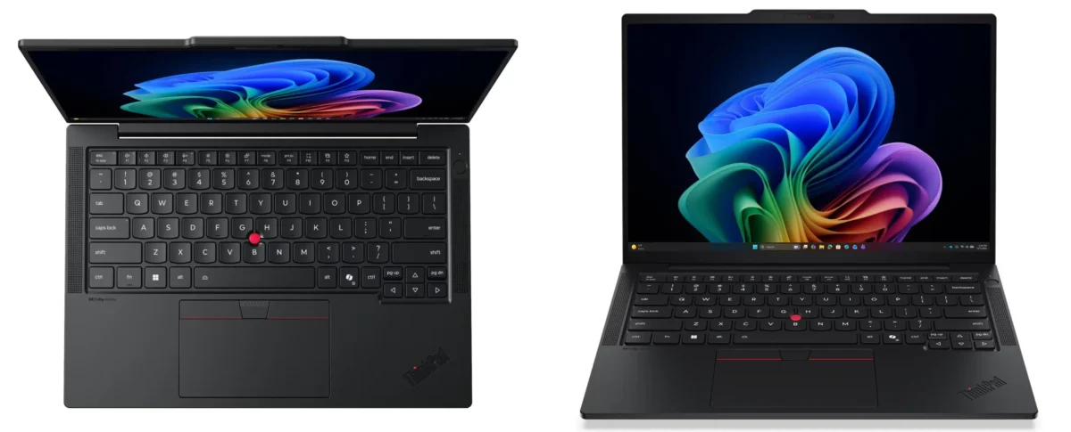 نمای بالا و روبروی لپتاپ سیاه ThinkPad با پسزمینه رنگی ویندوز ۱۱، که در آن دکمه قرمز معروف (TrackPoint) در وسط کیبورد و لوگوی ThinkPad در گوشه پایینی دیده میشود