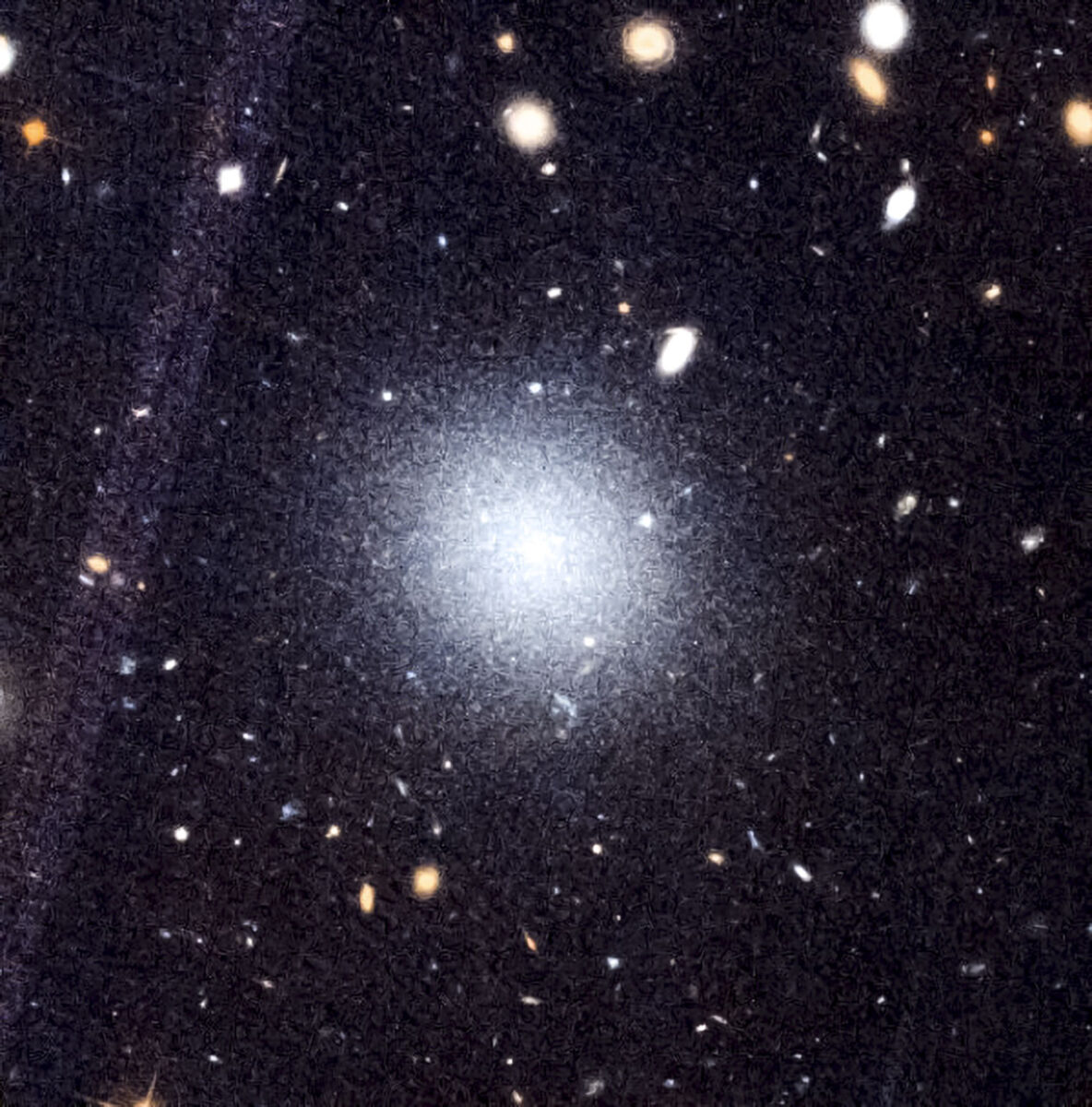 نمای نزدیک از کهکشان NGC 1052-DF9 در میان صدها کهکشان پسزمینه؛ هدف جدید اخترشناسان برای بررسی منشأ کهکشانهای بدون ماده تاریک.