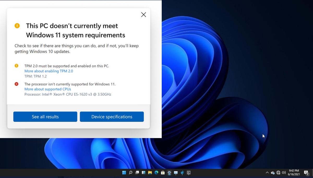 پنجره PC Health Check اعلام میکند رایانه حداقل نیازهای ویندوز ۱۱ را ندارد؛ ناسازگاری TPM 2.0 و پردازنده Intel Xeon E5-1620 v3 ذکر شده است