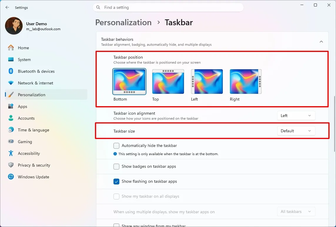 اسکرین‌شات از تنظیمات ویندوز ۱۱ در مسیر Personalization > Taskbar. کادر قرمز مستطیلی اول، گزینه‌های Taskbar position را شامل Bottom، Top، Left و Right با پیش‌نمایش گرافیکی نشان می‌دهد. کادر قرمز دوم، منوی کشویی Taskbar size را در حالت Default برجسته کرده است