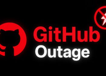 تصویر مفهومی اختلال GitHub با لوگوی این پلتفرم، عبارت GitHub Outage و نماد قطع سرویس روی پس‌زمینه مشکی.