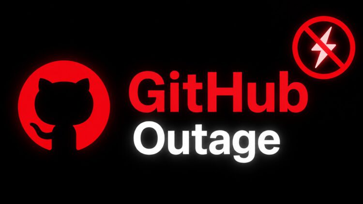تصویر مفهومی اختلال GitHub با لوگوی این پلتفرم، عبارت GitHub Outage و نماد قطع سرویس روی پس‌زمینه مشکی.