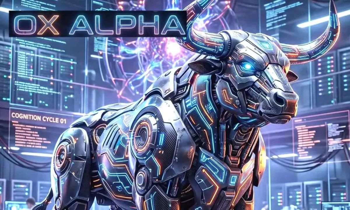 تصویر گرافیکی از رابط کاربری تیره با عنوان «OX ALPHA» و یک گاو رباتیک بزرگ با نورهای آبی و نارنجی در محیطی آیندهنگرانه و پر از نمایشگرهای داده.