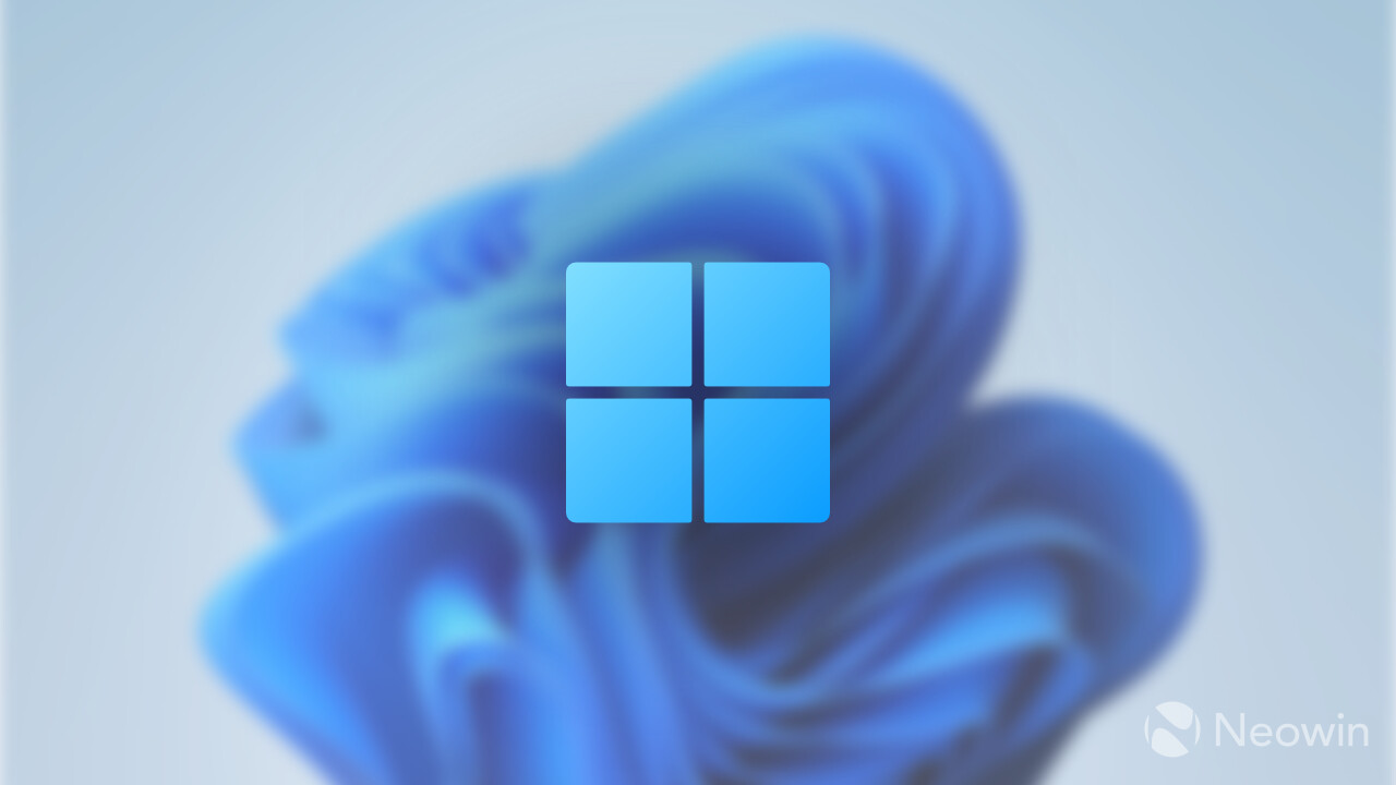 لوگوی Windows 11 روی پسزمینهی روشن و محوِ آبی، با موج انتزاعی ویندوز و واترمارک Neowin در گوشهی پایین راست.