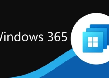 بنر تبلیغاتی Windows 365 روی پس‌زمینه مشکی و آبی با لوگوی ویندوز درون یک دایره سفید و عنوان Windows 365 در سمت چپ.