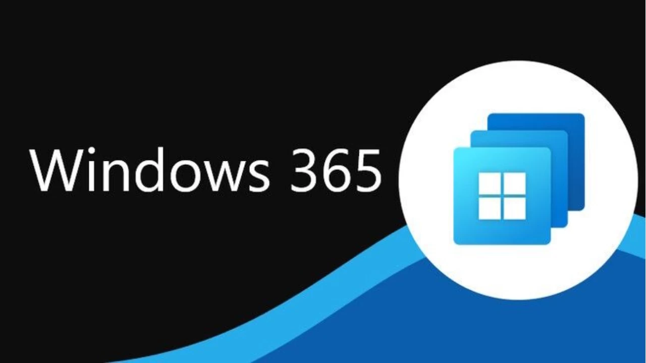 بنر تبلیغاتی Windows 365 روی پسزمینه مشکی و آبی با لوگوی ویندوز درون یک دایره سفید و عنوان Windows 365 در سمت چپ.