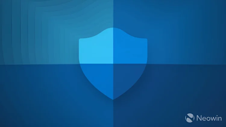 تصویر گرافیکی باکیفیت از آیکون سپر Windows Security که با سبک تخت و گرادینتهای آبی طراحی شده و روی پسزمینهای با طیفهای مختلف رنگ آبی قرار گرفته است؛ لوگوی Neowin نیز در گوشه پایین سمت راست دیده میشود.
