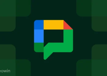 لوگوی رنگارنگ Google Chat شامل رنگ‌های آبی، زرد، قرمز و سبز در مرکز یک کادر با پس‌زمینه الگوهای سبز تیره.